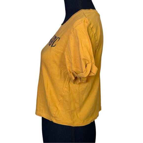 Vibe N’ Cropped Short Sleeve Top Mustard Yellow Embroidered CLASSIC across the f - Picture 5 of 6